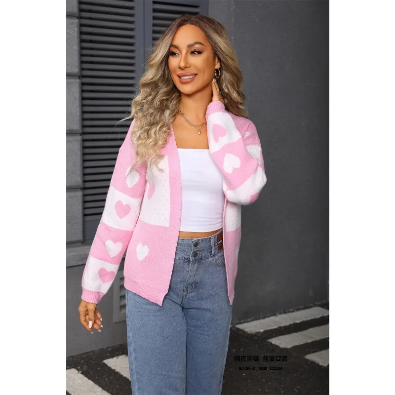 新しい女性のバレンタインデーの愛の桃ニットカーディガン愛のVネック多用途ジャケット女性用