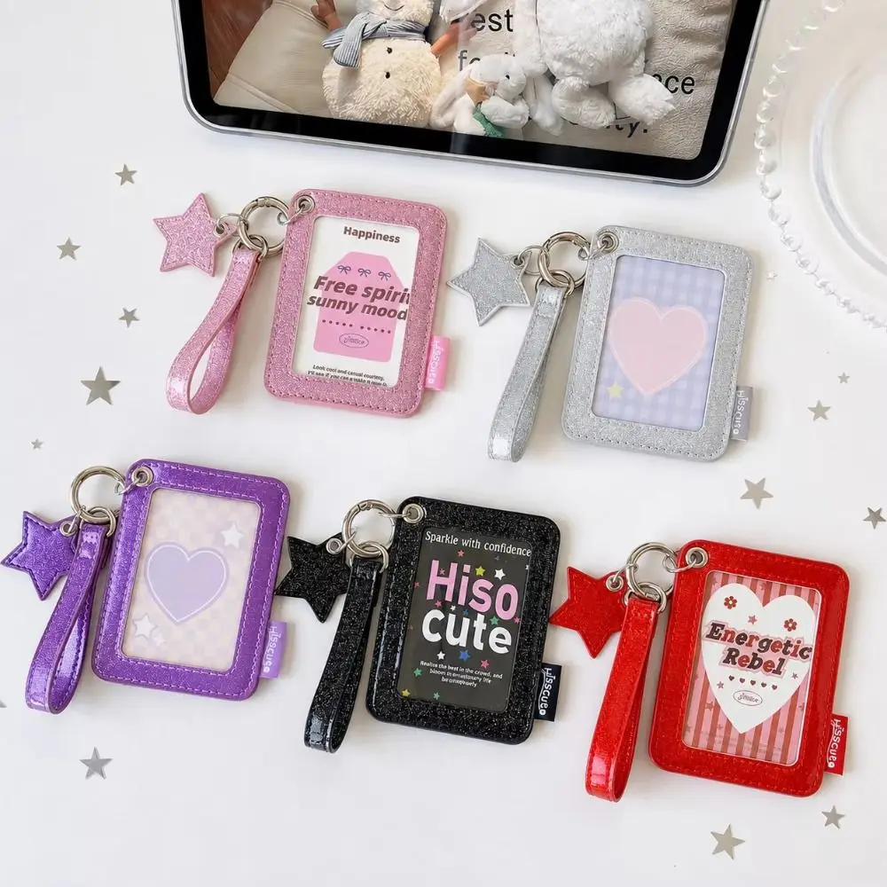 Glitter PU Photocard Holder Shiny Star Charm with Wrist Strap Photocard Case Double Layer Waterproof Keychain Bag Pendant