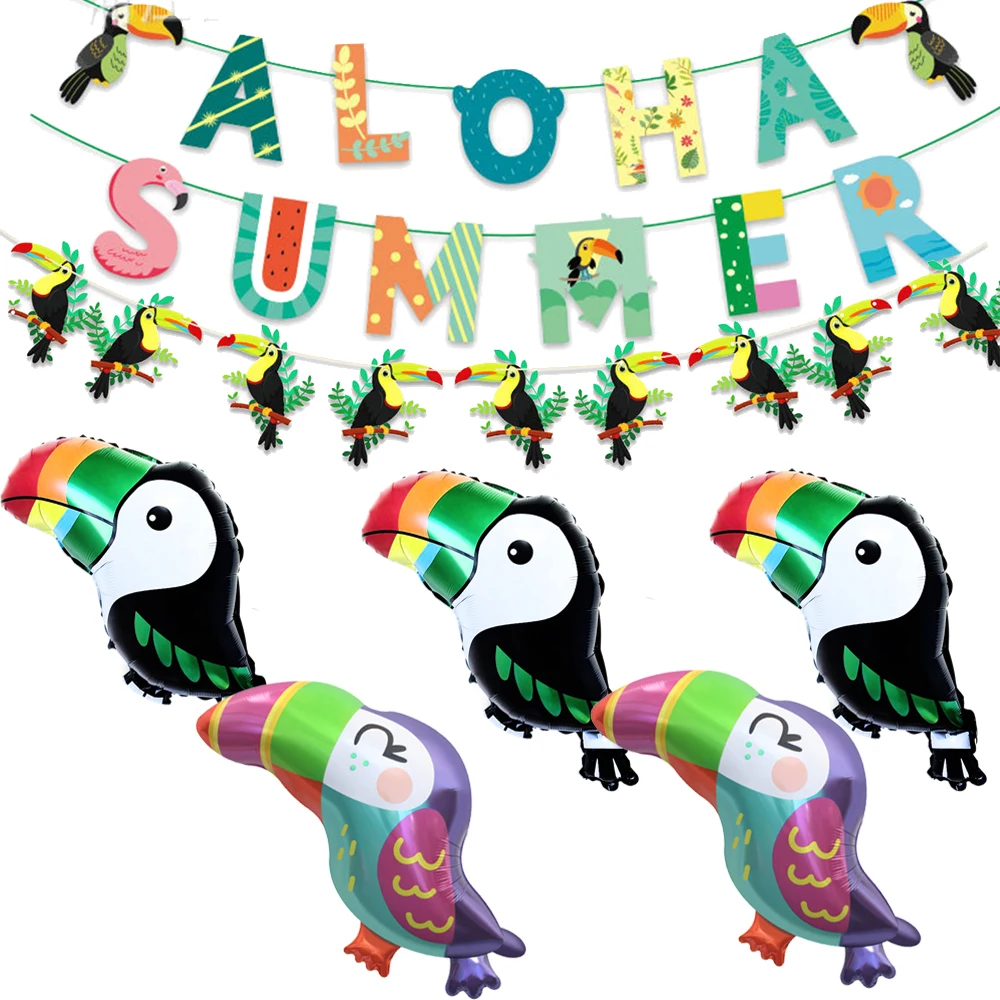 Suministros para fiestas temáticas hawaianas de verano, globos de helio de tucán, pancarta, decoración de fiesta de tucán Tropical verde y Multicolor