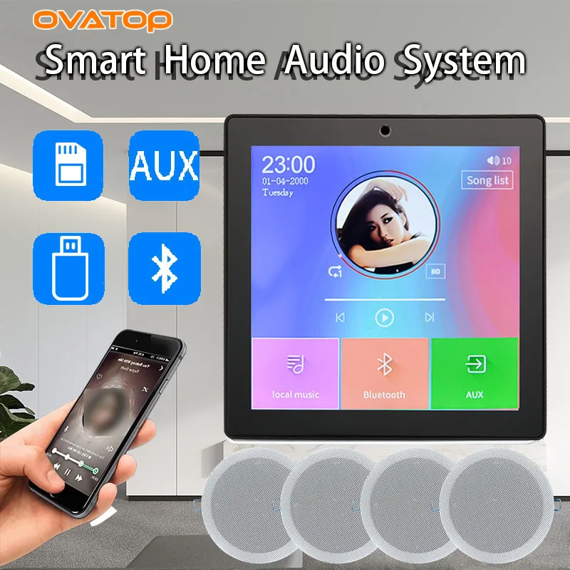 4inch Mini Smart Home Audio System Touch Screen Wireless Bluetooth Music Player FM Radio USB Ceiling Speaker  In Wall Amplifier