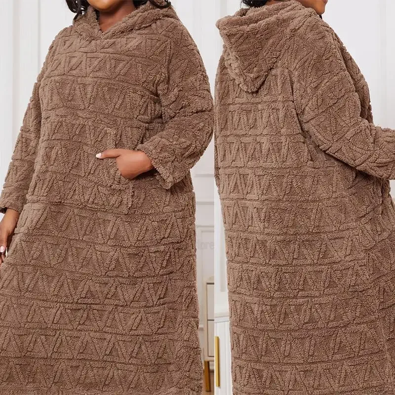 Women Warm Wint Nightdress Hooded Fleece Loungewear Brown Nightgown Oversize 4Xl 5Xl Sleepwear  Long Sleeve Home Dressing Gown