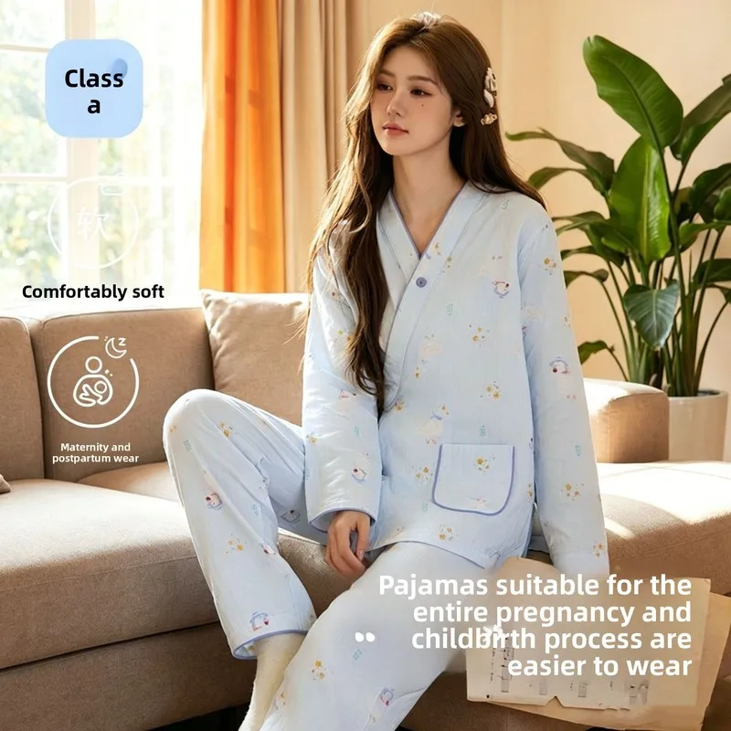Kimono Style Women‘s Double Gauze Cotton Nursing Pajama Set, Convertible Maternity & Breastfeeding Top, Breathable Lightweight S