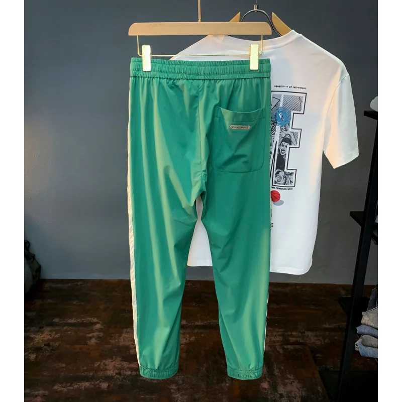 

2025 Summer Light Luxury Casual Pants, Men's Elastic Leg Tight Fit, Trendy Brand, Side Stripe Design, Sports Pants