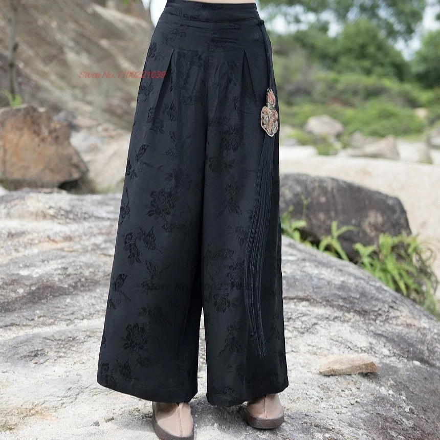 2025 السراويل الصينية خمر الوطنية زهرة التطريز قلادة مرونة الخصر السراويل الشعبية التقليدية الساتان الجاكار السراويل فضفاضة #2