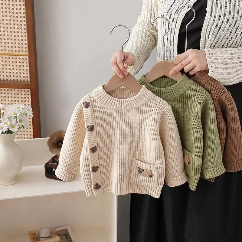 Kids Boys Knitted Sweaters 2024 New Arrival Children Casual Thick Pullover Autumn Winter Clothing White Green Coffee Cotton Tops