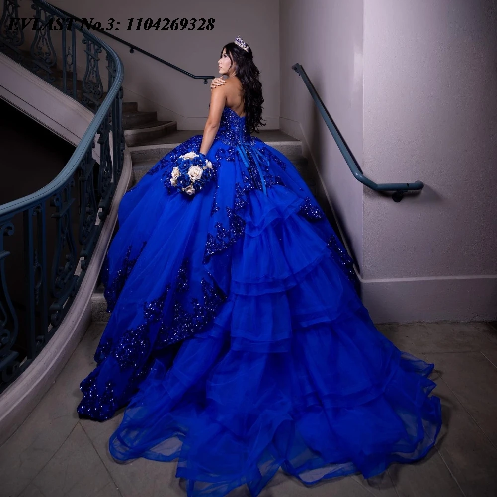 

EVLAST Customized Shiny Royal Blue Quinceanera Dress Ball Gown Lace Applique Beading Tiered Sweet 16 Vestido De 15 Anos E3Q197