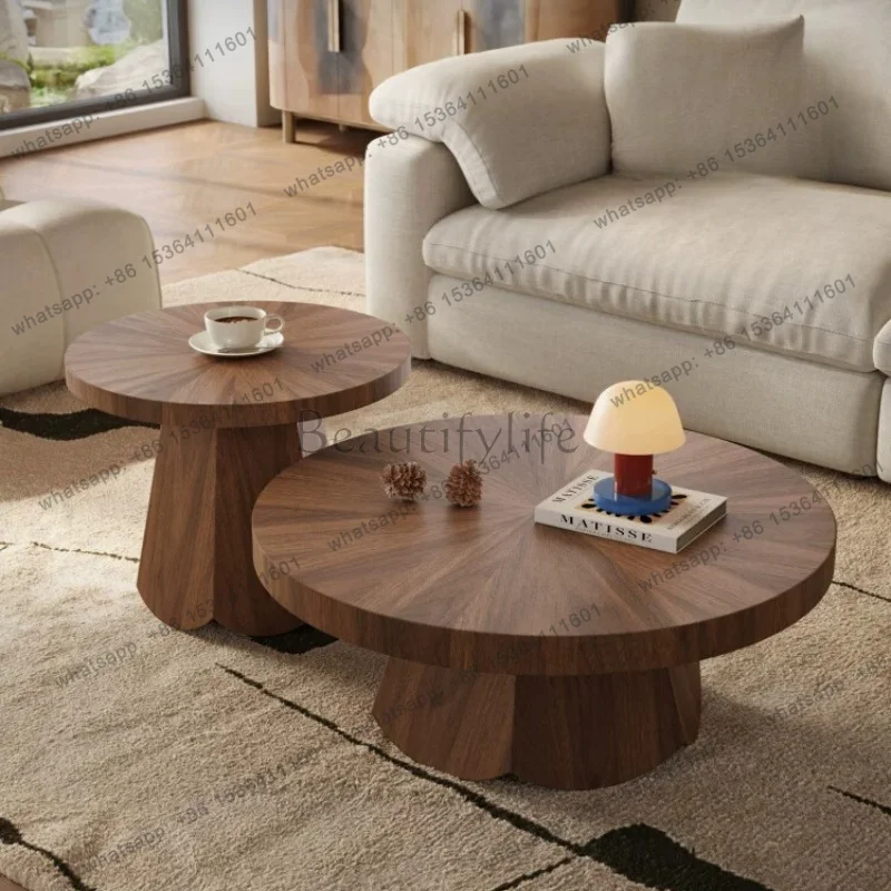 Italian minimalist round coffee table combination living room household high-end medieval walnut leather coffee table