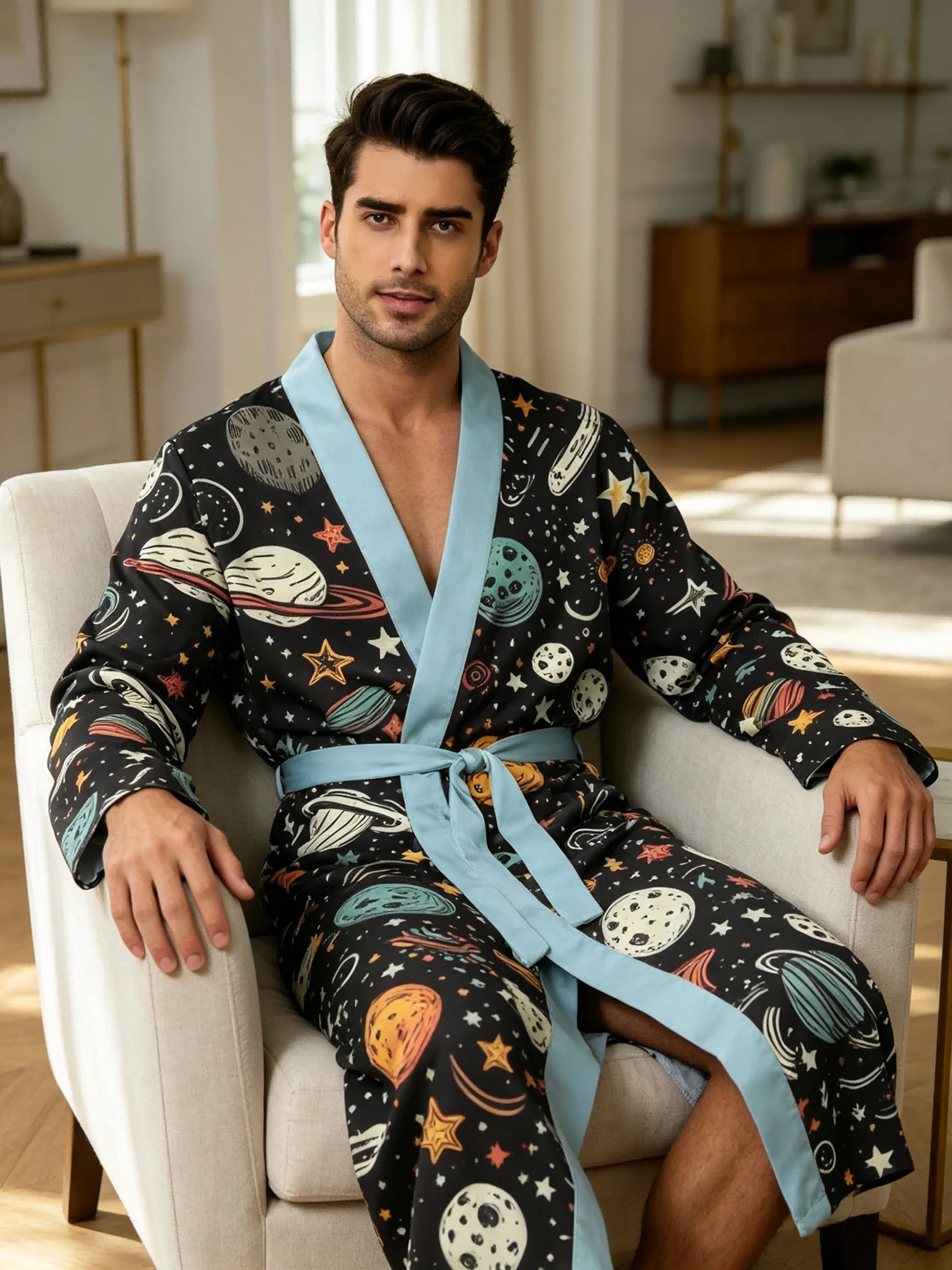 Men's lightweight quick-drying pajama bathrobe - 3D digital printing, non-fading design, stand-up collar and adjustable waistban