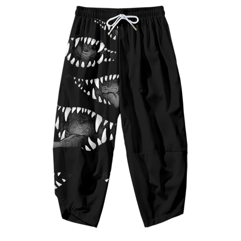 Cartoon Demon Mouth Printed Black Men Japanese Harem Trousers Casual Elastic Waist Kimono Cropped Pants Streetwear