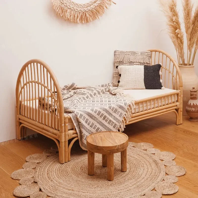Southeast Asian Style Genuine Rattan Bed 1.5m Double Bed Japanese Art Design for Bedroom B&B Inn Furniture
