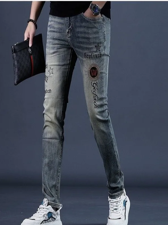 Retro High-End Slim Fit Men's Jeans Elastic Stitched Trendy Korean Version Long Pants Youthful Casual Unisex Denim Shorts