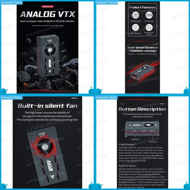 For Axisflying TERK Max 5.8G 3W VTX with CNC Heat Sink and Dual Function Button Fast Switch between Power and Frequency Bands