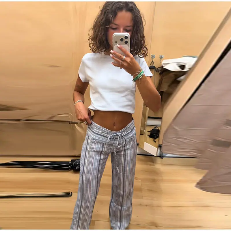 Casual Contrast Striped Women's Pants Wave Cut Elastic Waist Female Wide Leg Trousers 2026 Autumn Lady Vintage Chic Pant