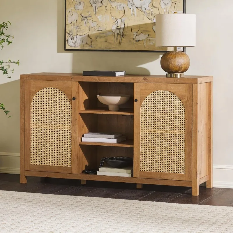 Boho Arched Rattan 2-Door Sideboard, 58 Inch, English Oak