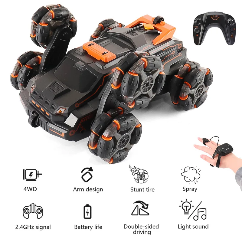 6 Wheels Spray RC Stunt Car 4WD Swing Arm Drift Vehicle Gesture Induction Deformation Remote Control Car with Light Boy RC Toys