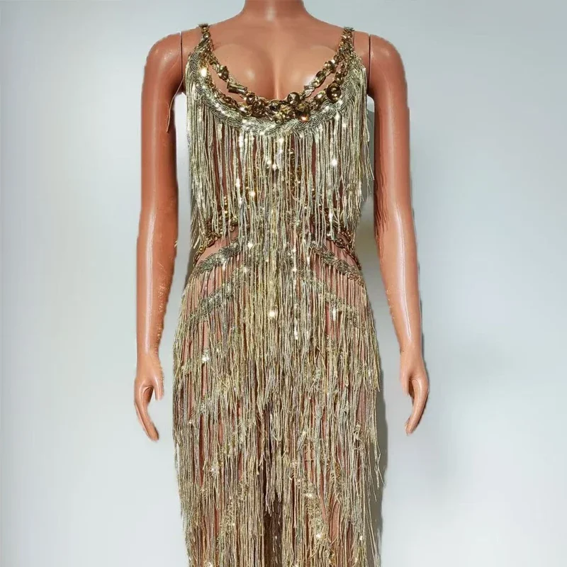 Drag Queen Outfit Gold Strass Vollfransen Overall Frauen Sexy Gogo Tänzerin Kostüme Bühne Dj Ds Pole Dance Clubwear