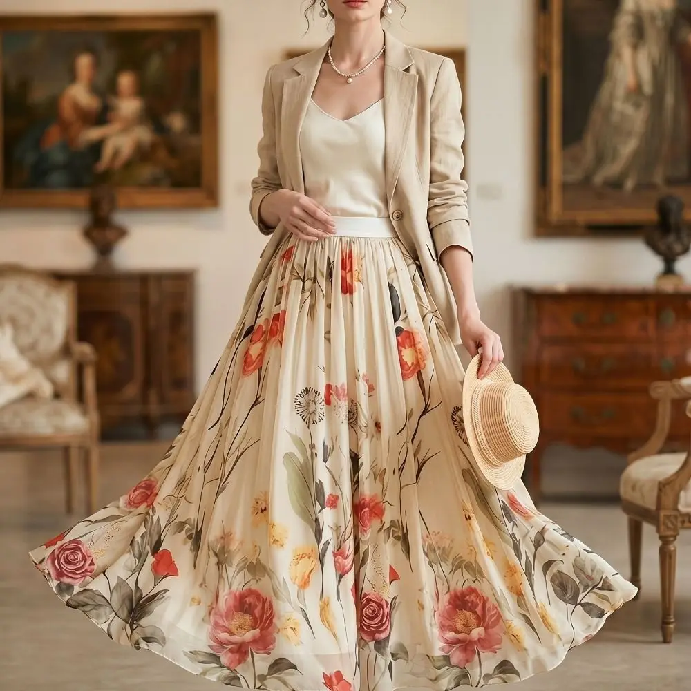 Boho Style Elastic Waist Women Printed A-line Skirt Mesh Overlay Pleated Long Skirt Flower Embroidery High Waist Skirts Travel