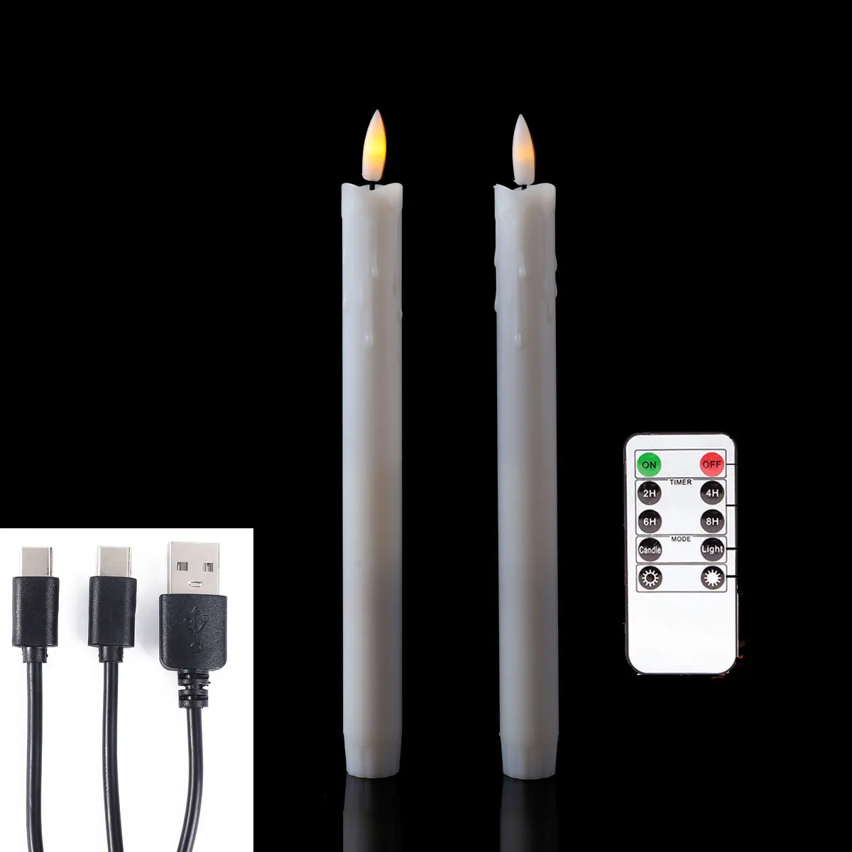 2 Stück ferngesteuerte LED-Kerzen zum Valentinstag, USB-Aufladung, 55,5 cm, beige Farbe, Kunststoffkegel, wiederaufladbare Kerze, Tropfenform