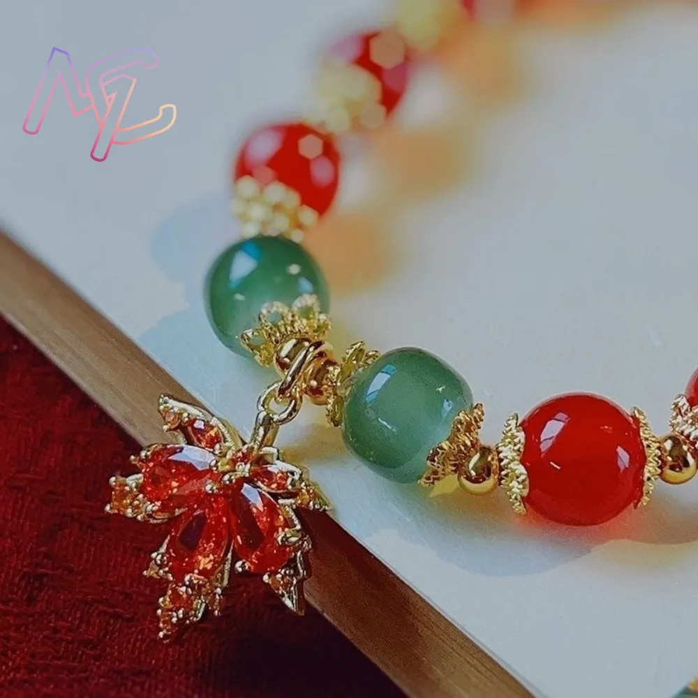 Red Natural Jade Beads Bracelet Maple Leaf Bangle Real Jewelry Fashion Gifts for Women Charm Gemstone Designer Accessories - Image 2