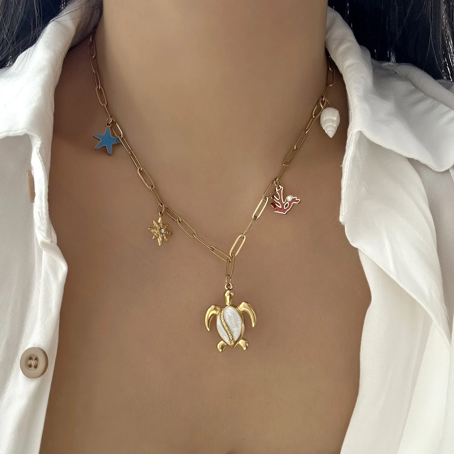Mode Edelstahl Metall Conch Halsketten für Frauen Nette Shell Quaste Keramik Fisch Halsketten Party Täglichen Schmuck Geschenke – Detail 10