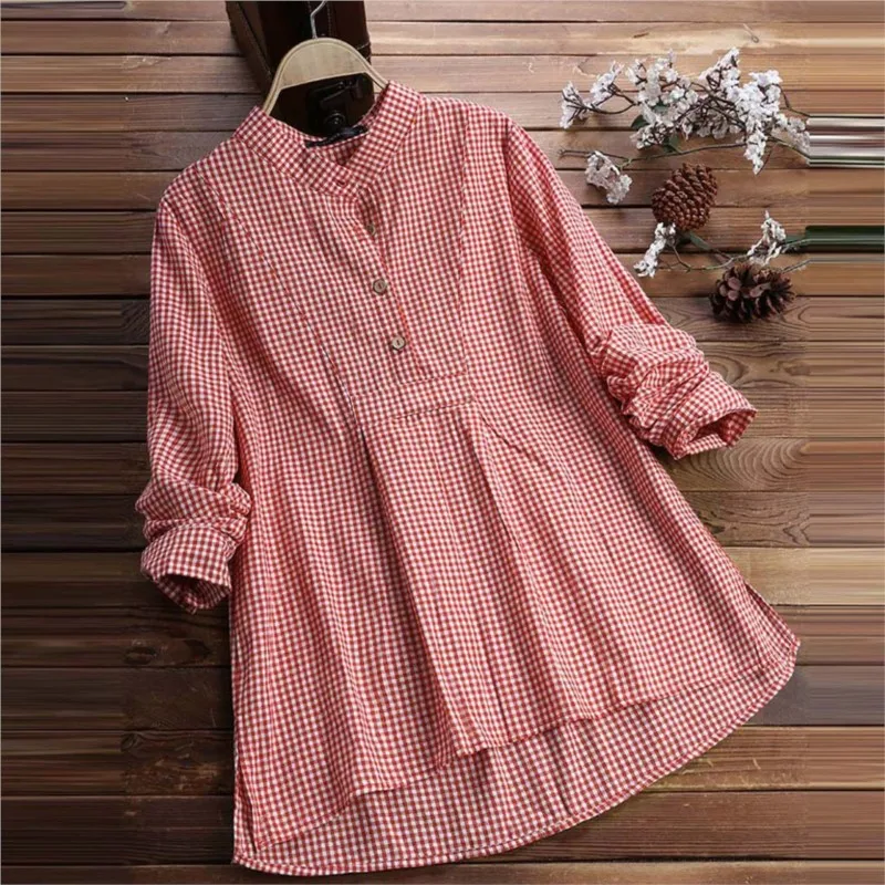 

Women Plaid Stand Collar Shirt Stylish Plaid Print Women Tops Loose Long Sleeve Mid-length Blouse Fashion Casual All-match Shirt