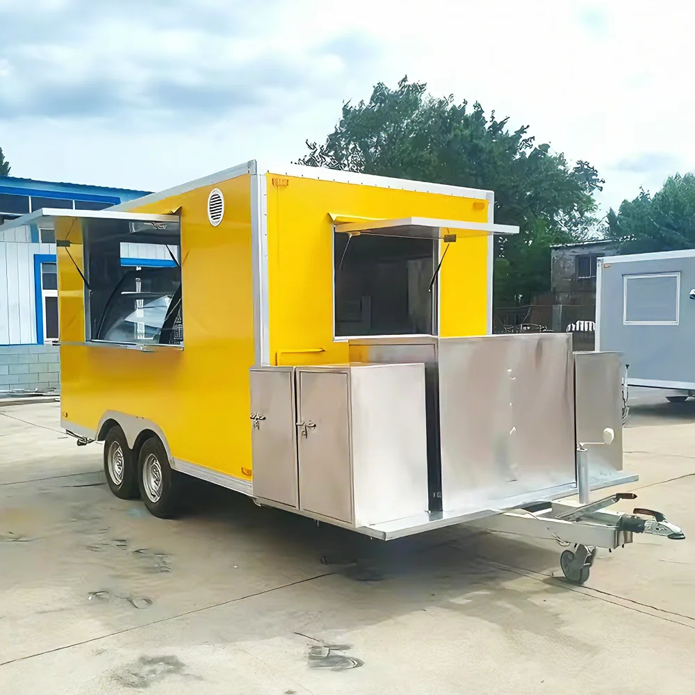 Wholesale Yellow Mobile Bar Trailer Hamburger Hot Dog Fast Food Trailer Mobile Pizza Oven Food Truck With Full Kitchen