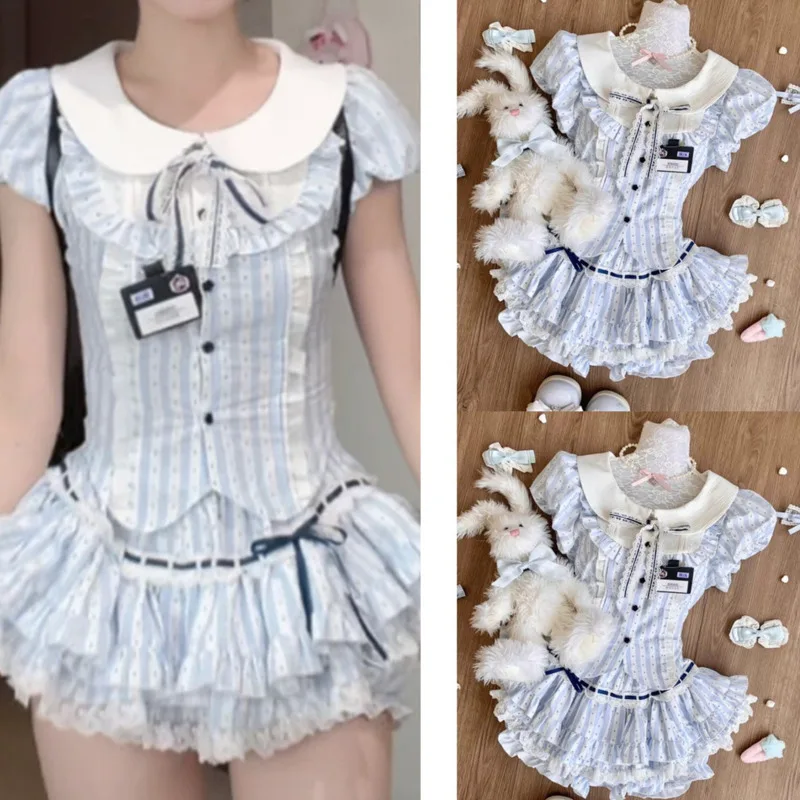 

Y2K Aesthetic Checkered Striped Top Dresses Set Summer Japanese Cute Shirt Top Sweet Fluffy A-line Skirt Tee Top Dresses Set New