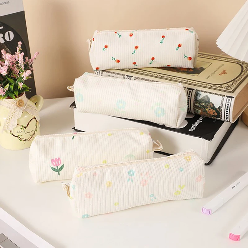 Simple Floral Pencil Case Soft Cute Large Capacity Stationery Organizer Student Pencil Bag School Supplies