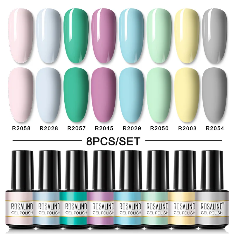 ROSALIND 8PCS/SET Macaron Series Gel Nail Polish Set Glitter Semi Permanent UV Nail Kit Base Matte Top Coat Nail Art Manicure