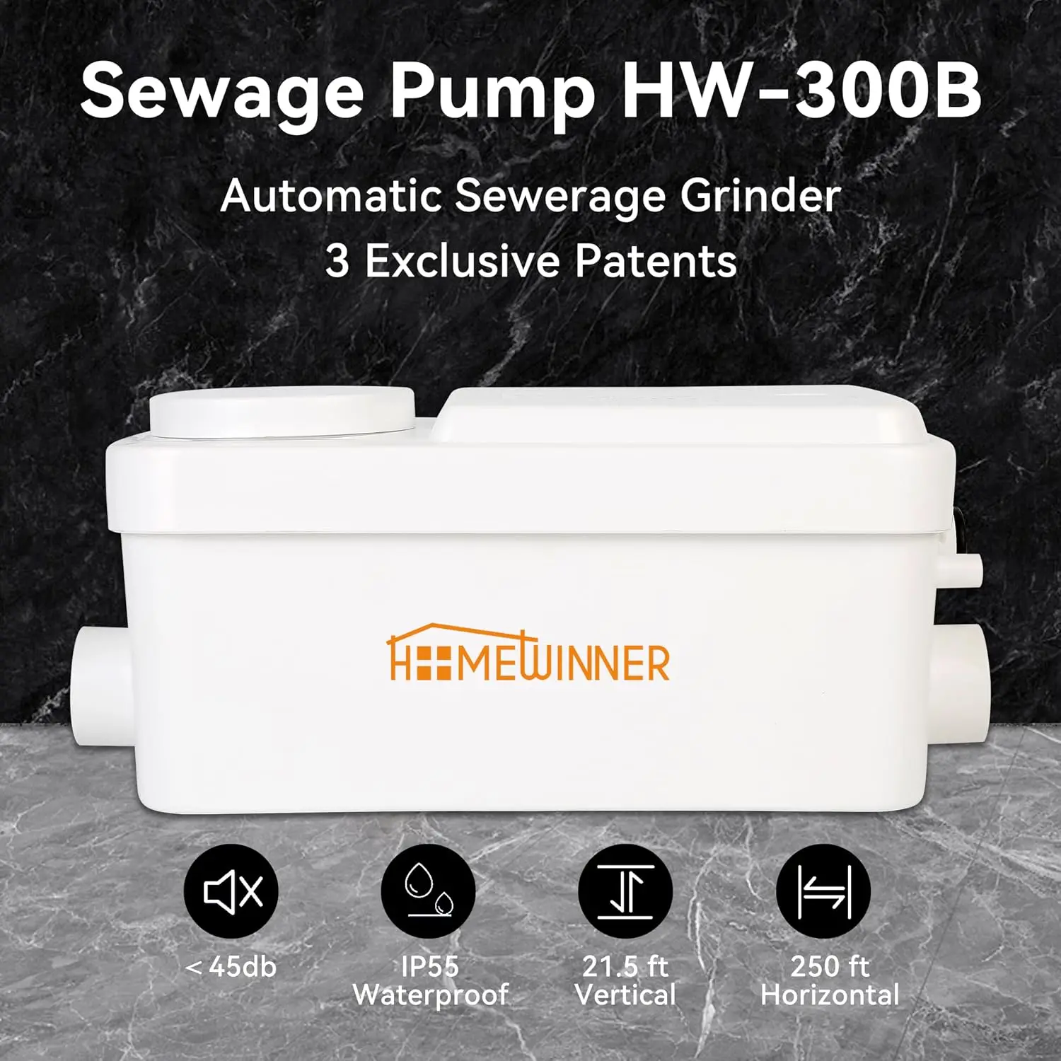 Sink Sewage Pump 300W, Upflush Under-Basin Pump to 22ft, for Basement RV, Stainless Steel Motor, Anti-Tangle, Fully Automatic