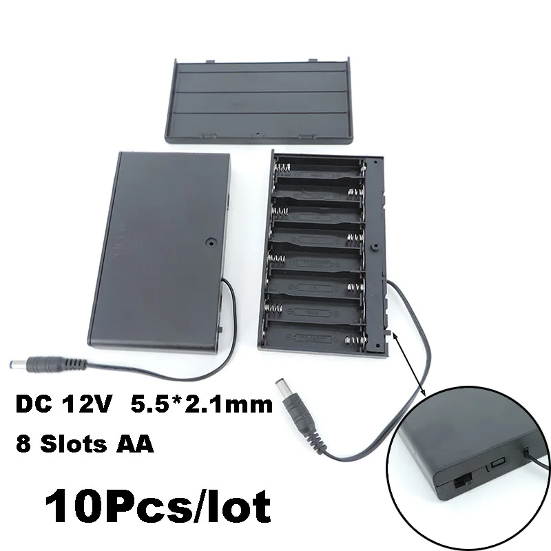 10x 12V AA Battery 8 port solts pack Holder Case Box with On/Off Switch 1.5V AA Holder DC 2pin wire 5.5x2.1mm connector cable