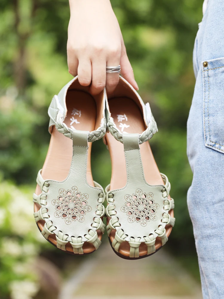 Handwoven Flat Bottom Roman Style Sandals for Women Summer New Arrival TPU Sole Head Layer Cowhide Low Cut Casual Shoes