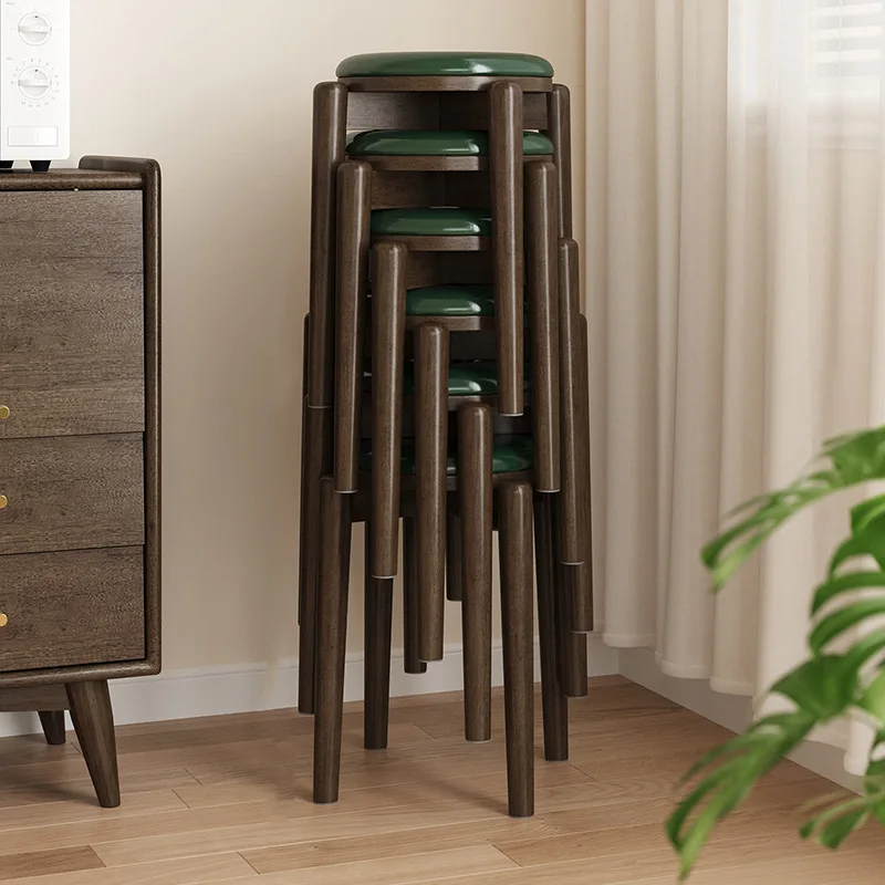 Stackable Solid Wood Round Stools Minimalist Kitchen Seat Upholstered Dining Chair for Living Room Space Saving Guest Stool