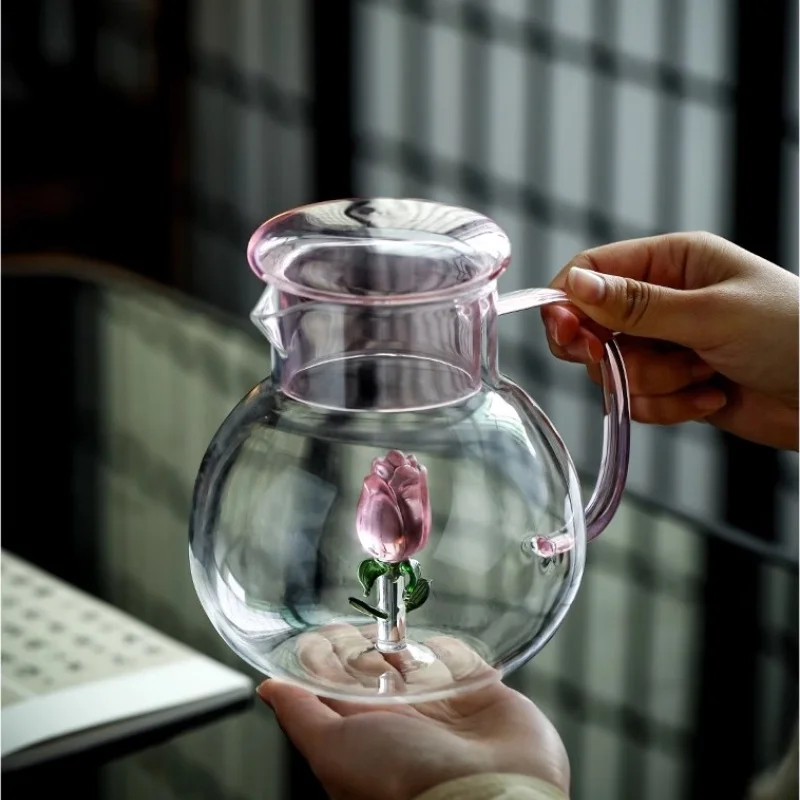 3D Cute Pot-bellied Cold Kettle Three-dimensional Creative Rose Farm Kettle Household High Borosilicate Glass Cool Kettle