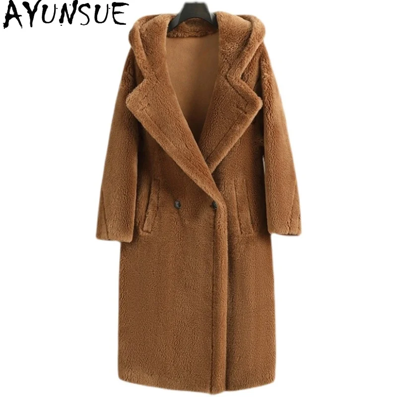 AYUNSUE 여성용 100% 천연 울 코트 여성 의류를위한 중간 길이 패션 자켓 겨울 겉옷 Abrigo Mujer