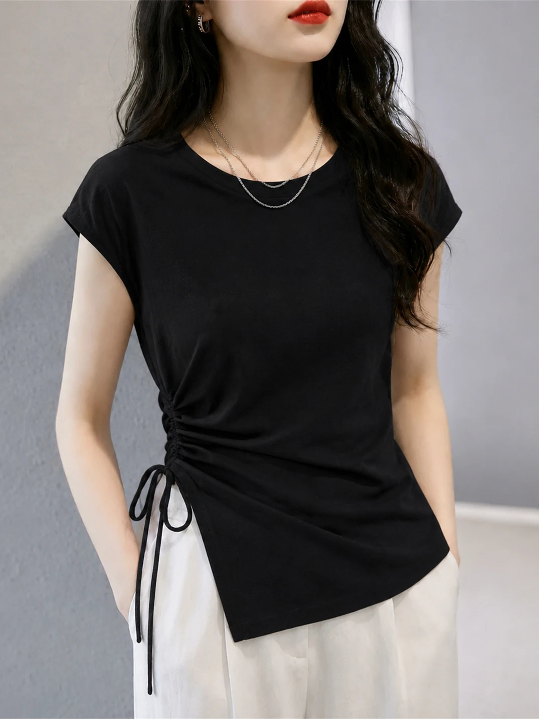 Commute round Neck Short Sleeve T-Shirt Drawstring Waist Slimming Versatile Top Summer 2026 Irregular Women's Shirt