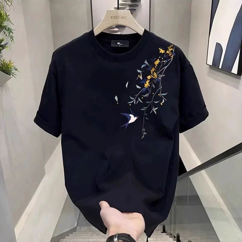 Men's Cotton T-shirts White 5XL T Shirt for Men Casual Summer Wear Fashion Swallow Print Tee Shirts Black Men Clothing