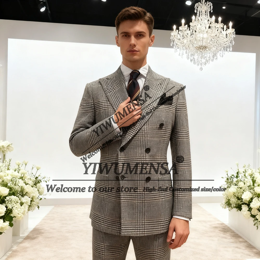 

Мужские костюмы в клетку в британском стиле для деловой вечеринки, двубортный пиджак, брюки, комплект из шерсти, смокинги для ужина и вечеринки