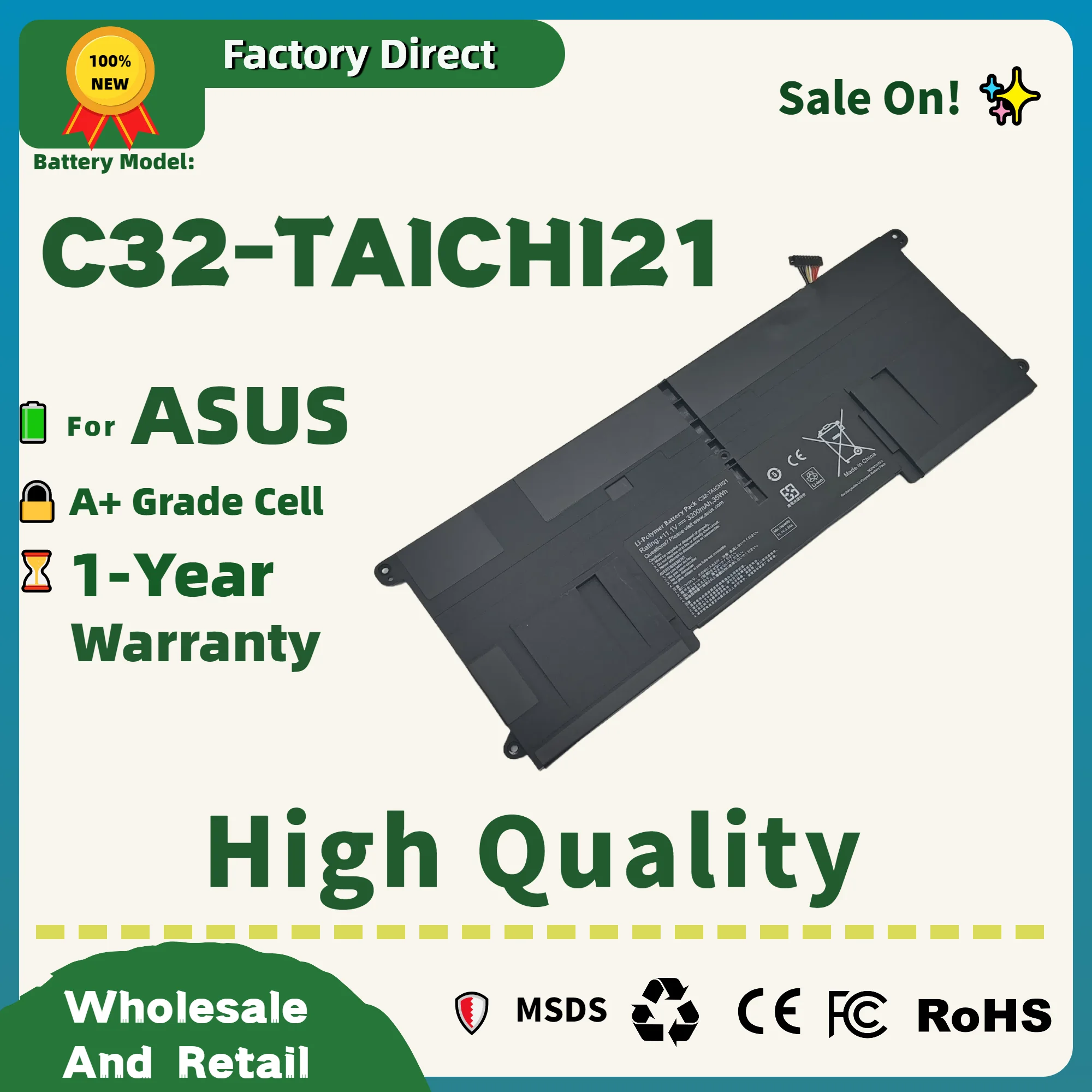 Factory Direct! C32-TAICHI21 35WH TJ21 Laptop Battery for ASUS Ultrabook TAICHI21 TAICHI 21 C32-TAICHI21 11.1V
