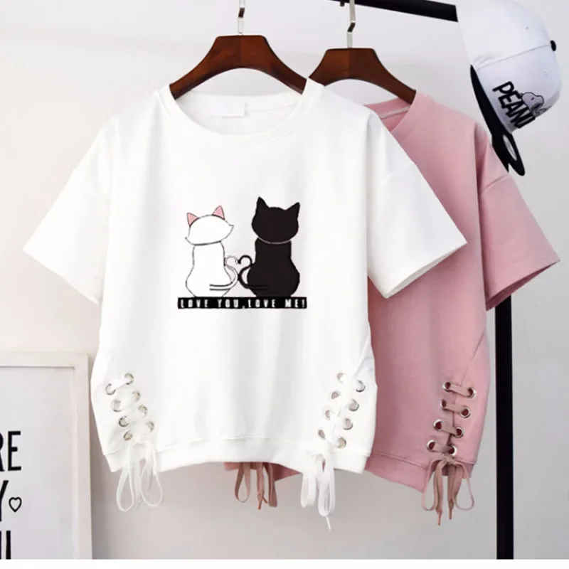 Camisetas blancas con estampado divertido para mujer, ropa Kawaii, Top de manga corta, Harajuku coreano, camisetas lindas con cordones para mujer, camiseta para mujer