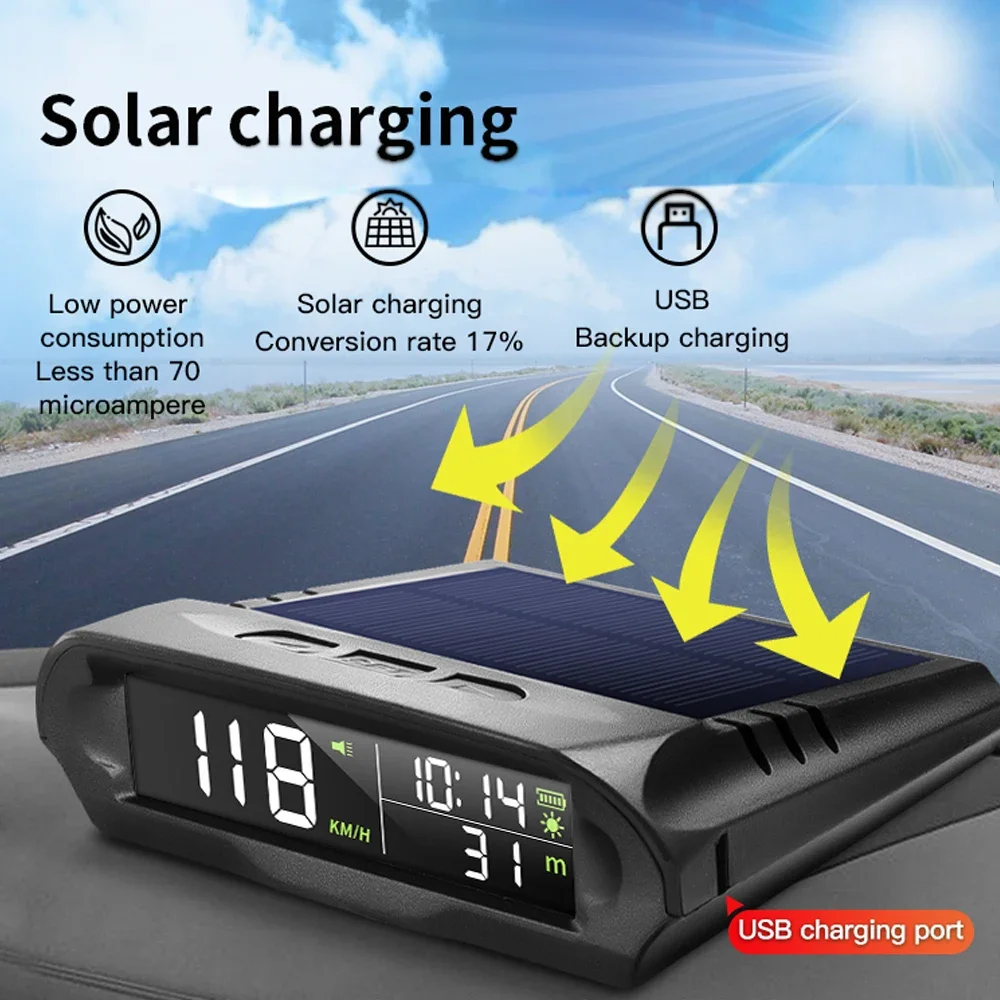 

New Solar Charging Wireless Gps Solar Hud Display Mph KM/H Speedometer Time/Speed/Temperature/Altitude Head Up Display Car Clock