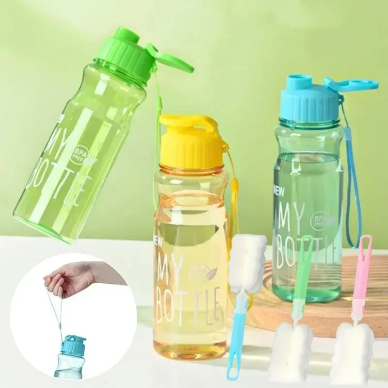 Clamshell cord Plastic cup Large capacity PET cold water bottle with removable replaceable head long handle sponge cup brush