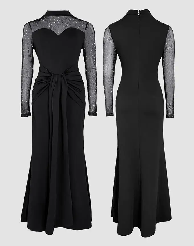 

Womens Dresses New Rhinestone Decor Mock Neck Mesh Zipper Back Party Dress Cinched Waist Draped Mermaid Hem Maxi Evening Dress