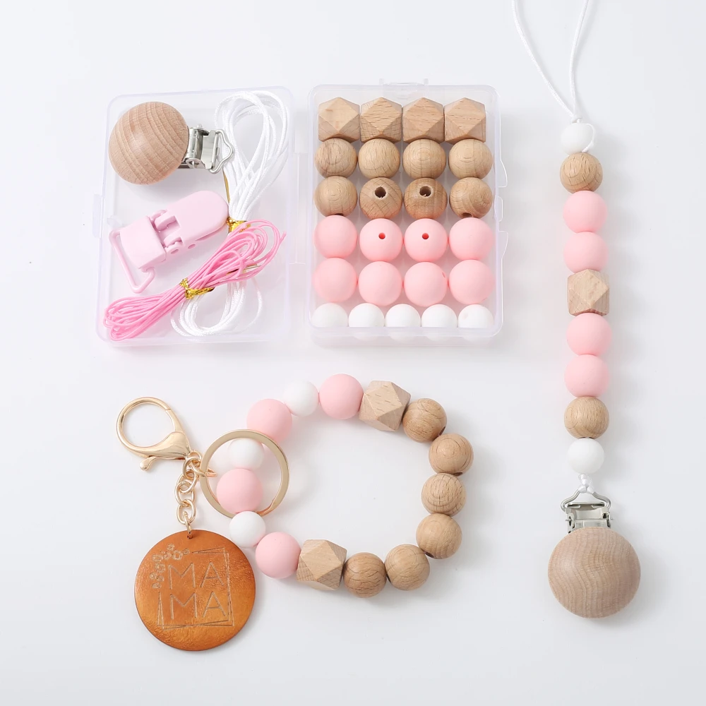 New Baby Pacifier Chain Clips Accessories Set for DIY Nipple Holder Silicone Beads Wooden Clips Teether Chew Toy