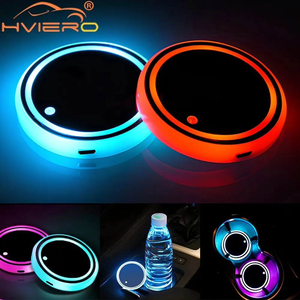 1X Auto Led Car Cup Holder Bottom Pad LED Hub Lamp Cover Trim Atmosphere Welcome Light Anti-slip Mat Interior Colorful Coaster