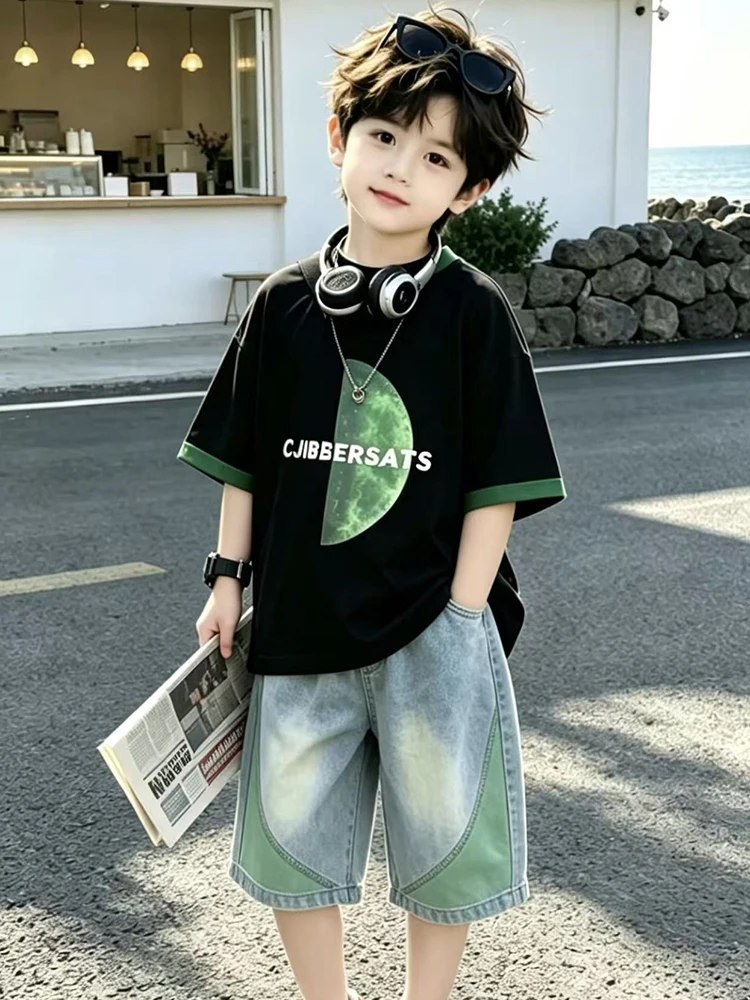 cool-handsome-kids-summer-outfit-short-sleeve-two-piece-set-korean-style-for-mid-to-large-children-breathable-moisture-wicking