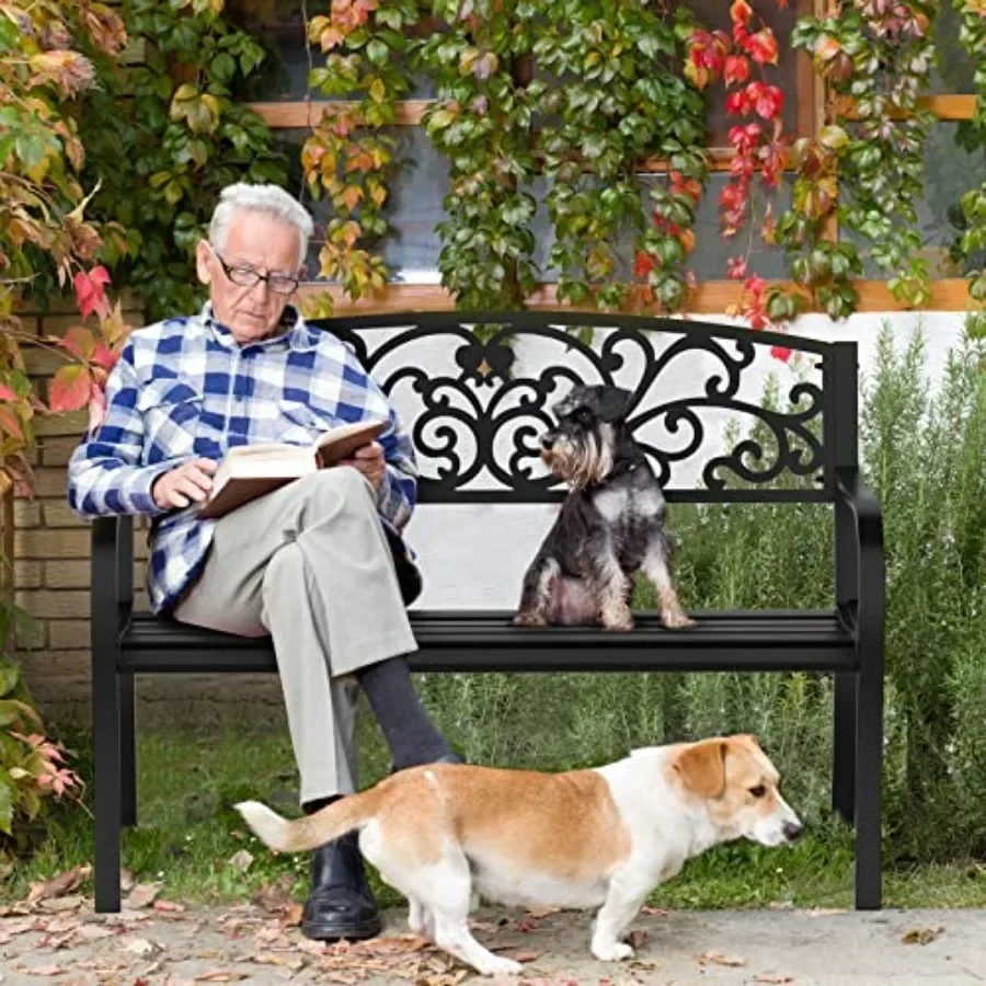Outdoor Bench for Patio Metal Garden Bench w/PVC Back Pattern, Black Park Benches Front Porch Benches for Yard Lawn Decor Deck