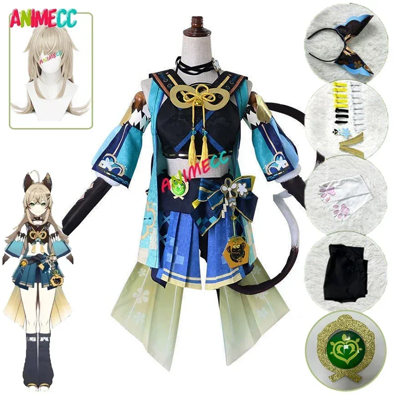 ANIMECC-Disfraz de S-XL Kirara para mujer y niña, peluca con cola de oreja, juego de Anime Genshin Impact, trajes de fiesta de Halloween