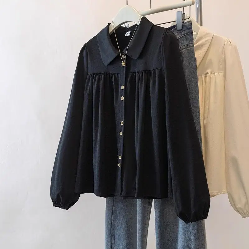 

Spring Autumn French Style Loose Fit Baby Collar Women's Solid Long Sleeve Shirt