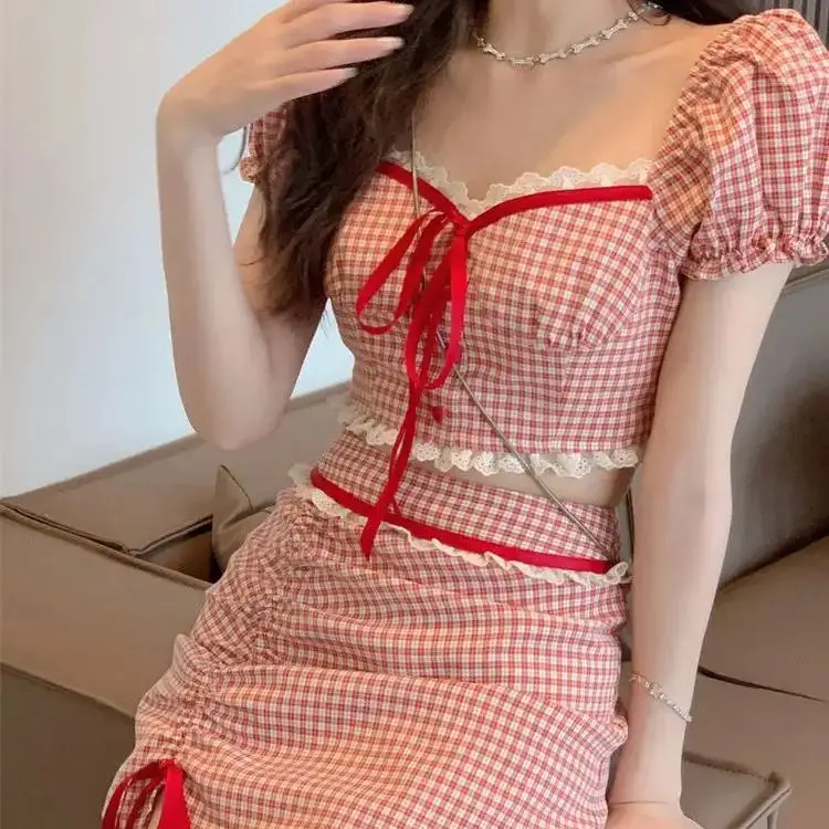Suits Plaid Short Top High Waist Skirt Pure Lust Sweet And Spicy Suit Summer Retro Two-Piece Set For Small Women